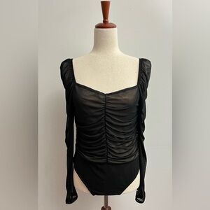 Lulus Bodysuit Women’s Sz L Black Mesh Ruched WhimsyGoth Witchy Fairy NWT
